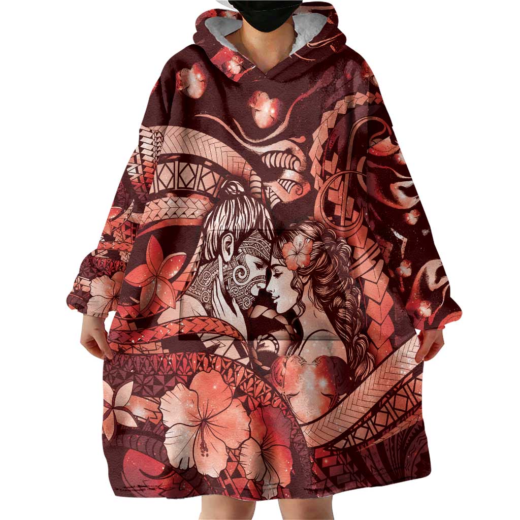 Personalised Maori Romantic Valentine Wearable Blanket Hoodie The Hongi Kiss Red Galaxy DT05 - Polynesian Pride