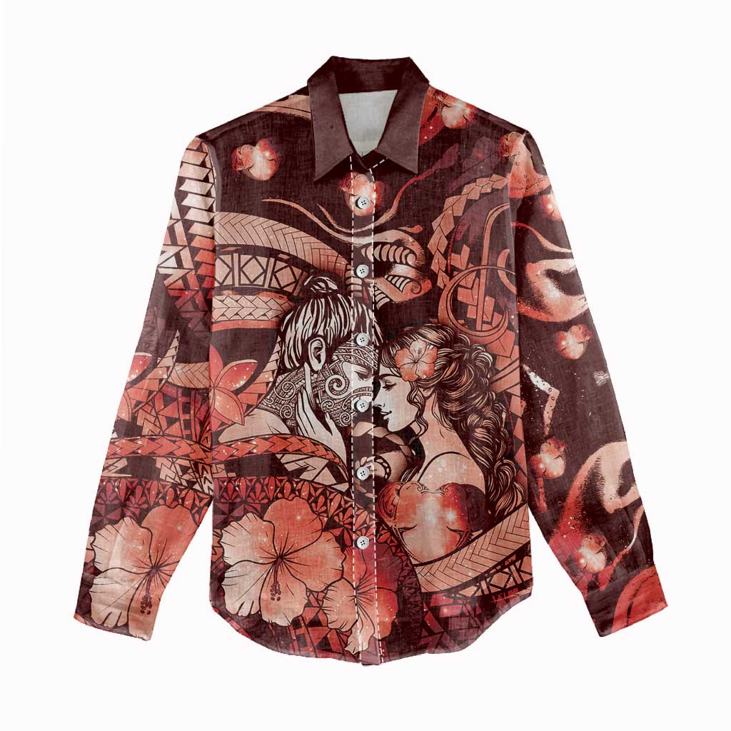 Personalised Maori Romantic Valentine Women Casual Shirt The Hongi Kiss Red Galaxy DT05 - Polynesian Pride