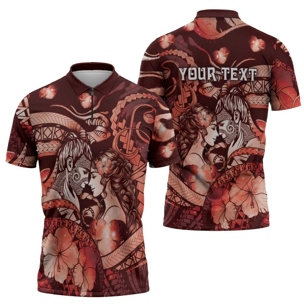 Personalised Maori Romantic Valentine Zipper Polo Shirt The Hongi Kiss Red Galaxy DT05 - Polynesian Pride