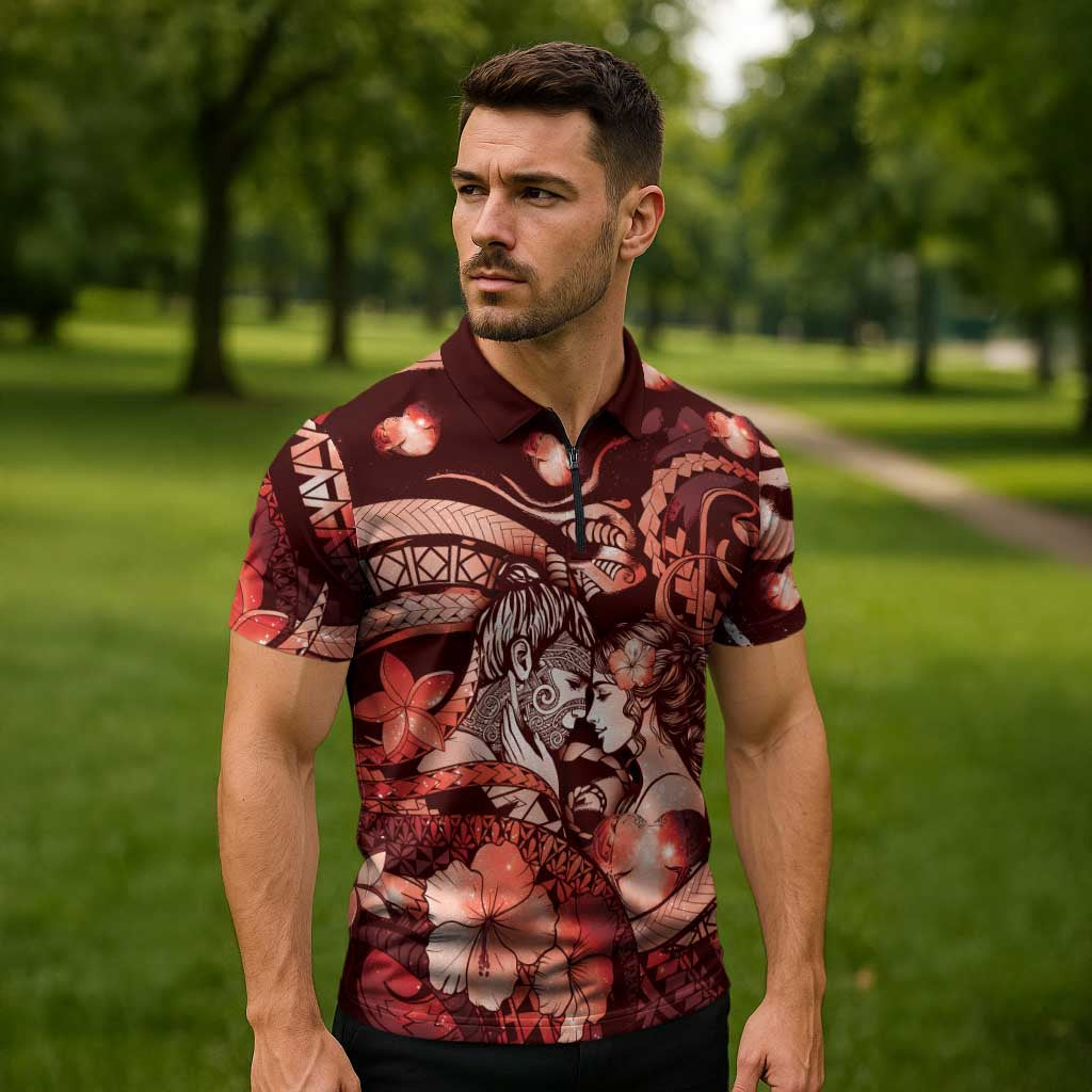 Personalised Maori Romantic Valentine Zipper Polo Shirt The Hongi Kiss Red Galaxy DT05 - Polynesian Pride