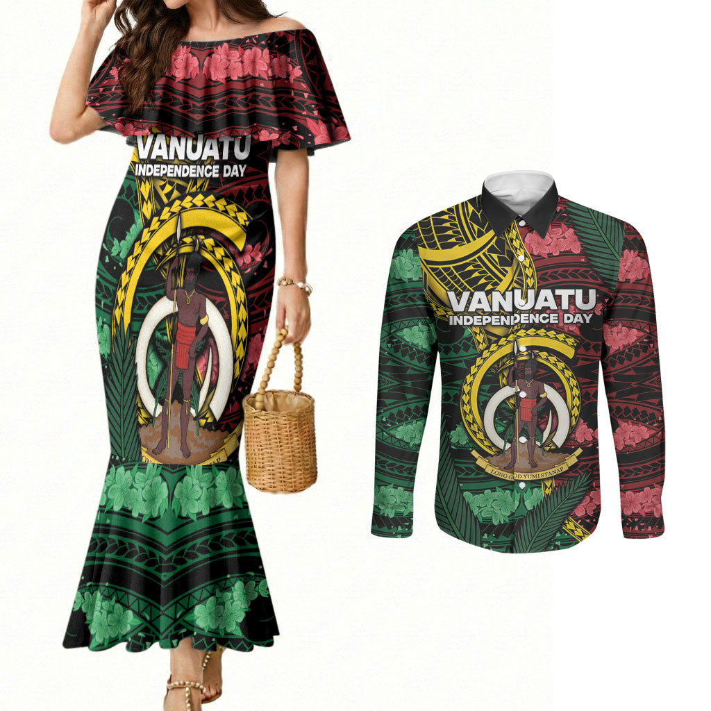 Personalised Vanuatu Independence Day Couples Matching Mermaid Dress and Long Sleeve Button Shirt Boar Tusk Warrior Tribal Floral Patterns DT05 Multicolor - Polynesian Pride