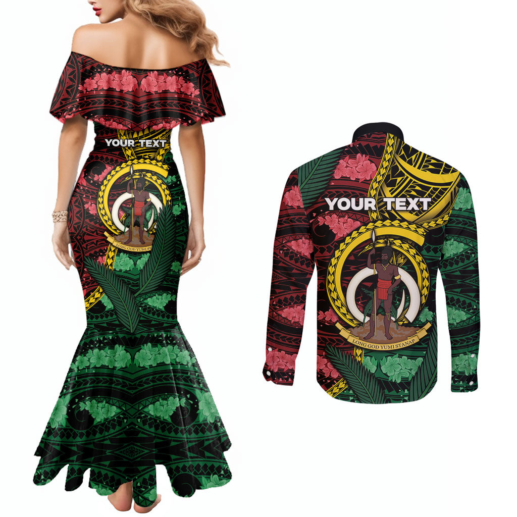 Personalised Vanuatu Independence Day Couples Matching Mermaid Dress and Long Sleeve Button Shirt Boar Tusk Warrior Tribal Floral Patterns