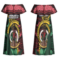 Personalised Vanuatu Independence Day Couples Matching Off Shoulder Maxi Dress and Long Sleeve Button Shirt Boar Tusk Warrior Tribal Floral Patterns DT05 - Polynesian Pride