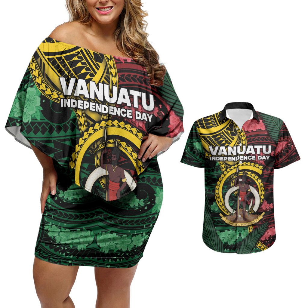 Personalised Vanuatu Independence Day Couples Matching Off Shoulder Short Dress and Hawaiian Shirt Boar Tusk Warrior Tribal Floral Patterns DT05 Multicolor - Polynesian Pride