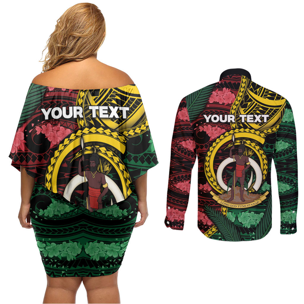 Personalised Vanuatu Independence Day Couples Matching Off Shoulder Short Dress and Long Sleeve Button Shirt Boar Tusk Warrior Tribal Floral Patterns