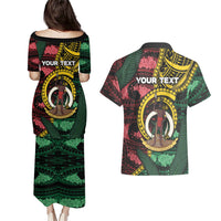 Personalised Vanuatu Independence Day Couples Matching Puletasi and Hawaiian Shirt Boar Tusk Warrior Tribal Floral Patterns