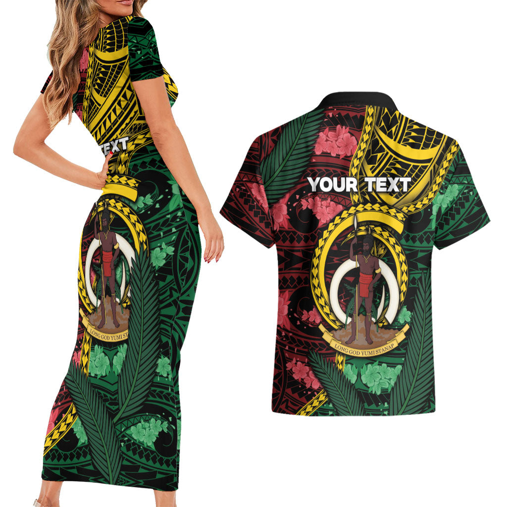 Personalised Vanuatu Independence Day Couples Matching Short Sleeve Bodycon Dress and Hawaiian Shirt Boar Tusk Warrior Tribal Floral Patterns