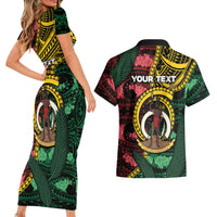 Personalised Vanuatu Independence Day Couples Matching Short Sleeve Bodycon Dress and Hawaiian Shirt Boar Tusk Warrior Tribal Floral Patterns