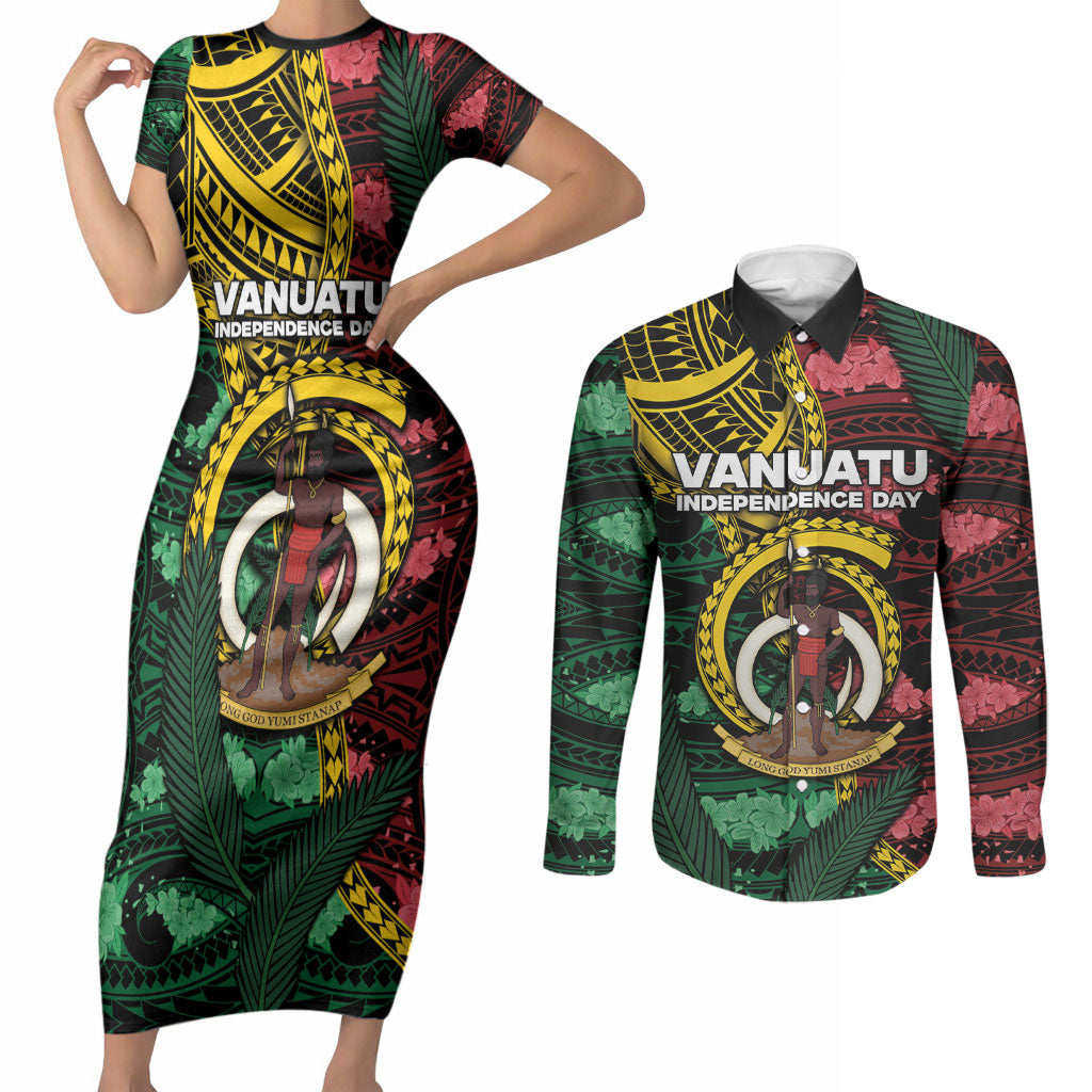 Personalised Vanuatu Independence Day Couples Matching Short Sleeve Bodycon Dress and Long Sleeve Button Shirt Boar Tusk Warrior Tribal Floral Patterns DT05 Multicolor - Polynesian Pride