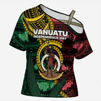 Personalised Vanuatu Independence Day Cross Shoulder Shirt Boar Tusk Warrior Tribal Floral Patterns