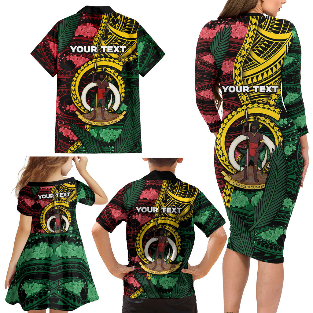 Personalised Vanuatu Independence Day Family Matching Long Sleeve Bodycon Dress and Hawaiian Shirt Boar Tusk Warrior Tribal Floral Patterns
