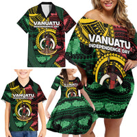 Personalised Vanuatu Independence Day Family Matching Off Shoulder Short Dress and Hawaiian Shirt Boar Tusk Warrior Tribal Floral Patterns