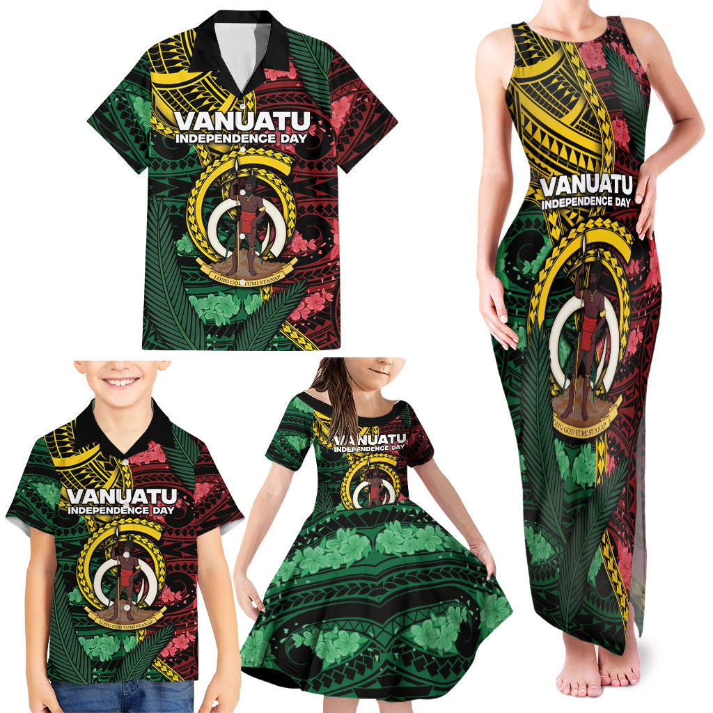 Personalised Vanuatu Independence Day Family Matching Tank Maxi Dress and Hawaiian Shirt Boar Tusk Warrior Tribal Floral Patterns