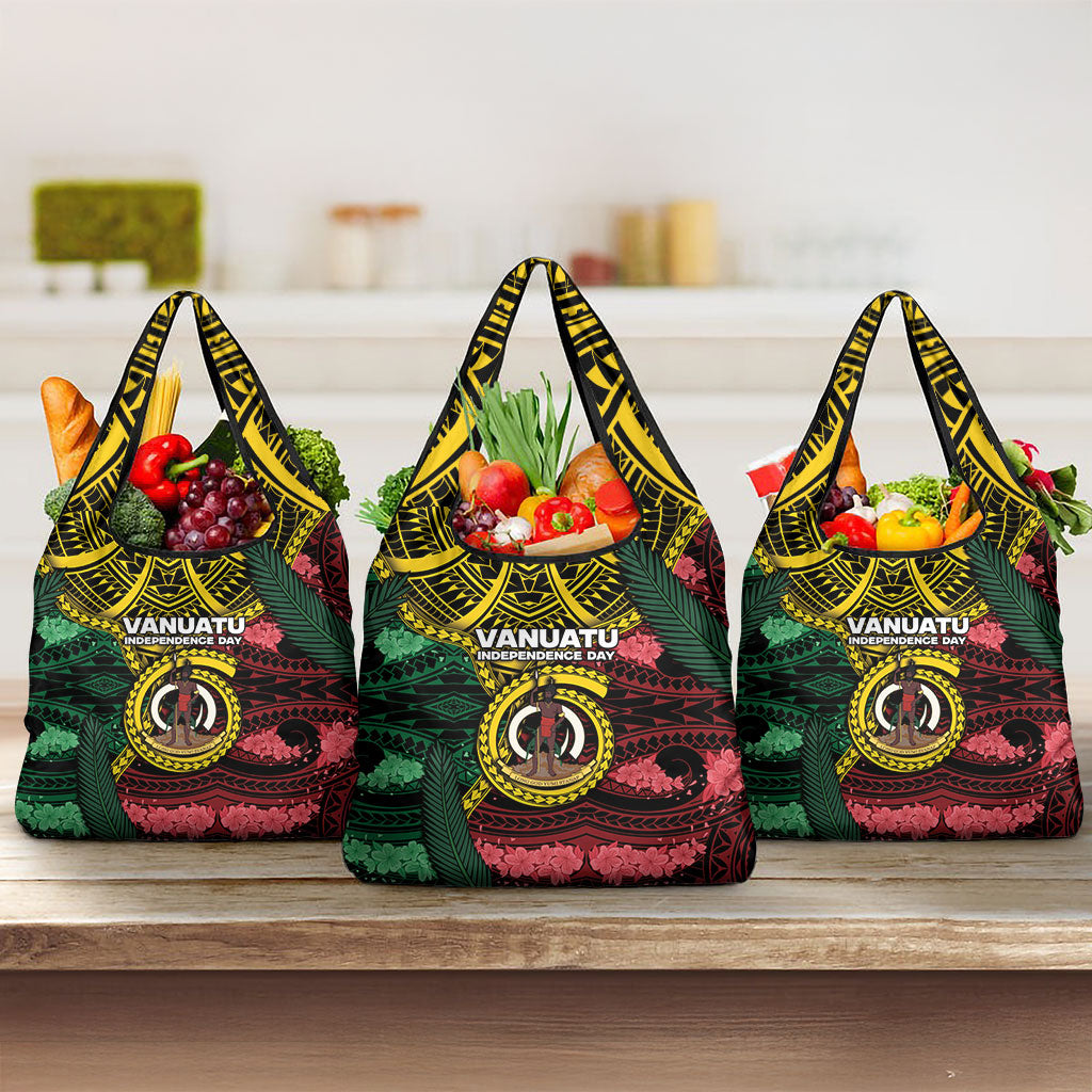 Vanuatu Independence Day Grocery Bag Boar Tusk Warrior Tribal Floral Patterns