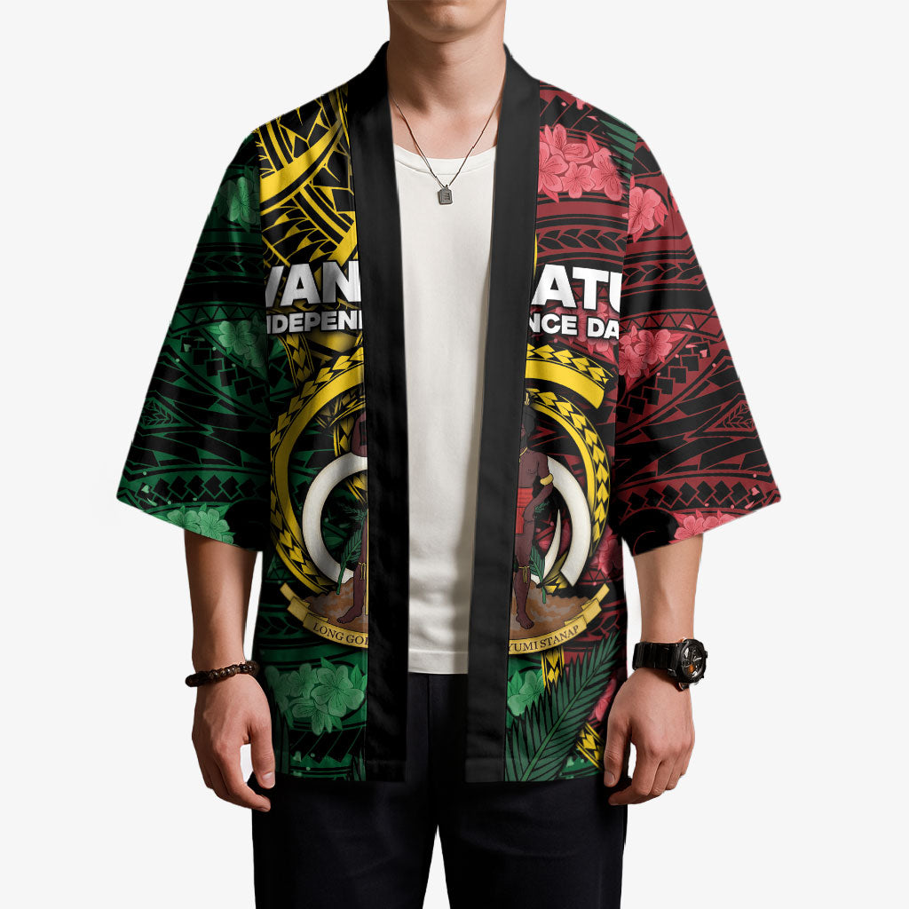 Personalised Vanuatu Independence Day Kimono Boar Tusk Warrior Tribal Floral Patterns
