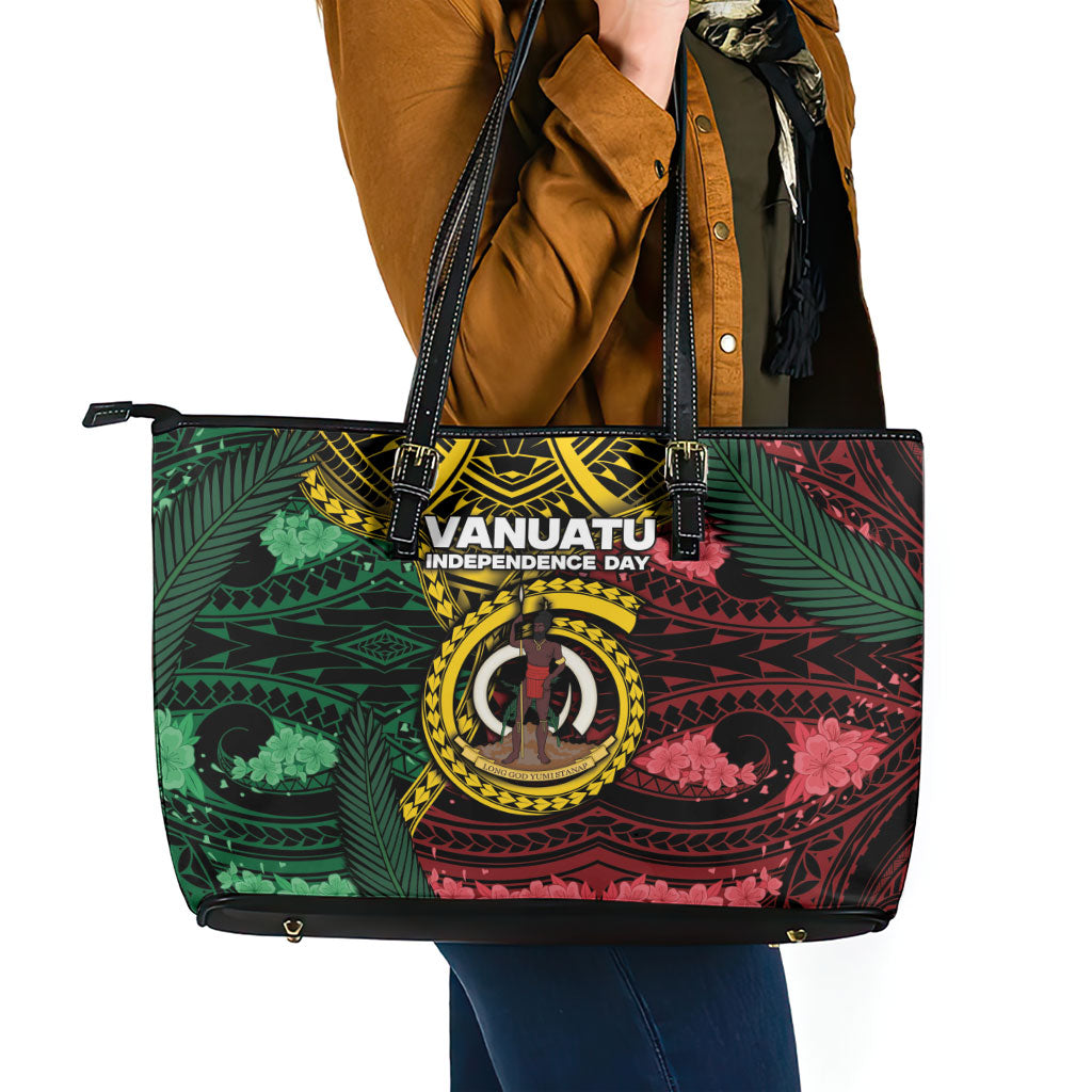 Vanuatu Independence Day Leather Tote Bag Boar Tusk Warrior Tribal Floral Patterns