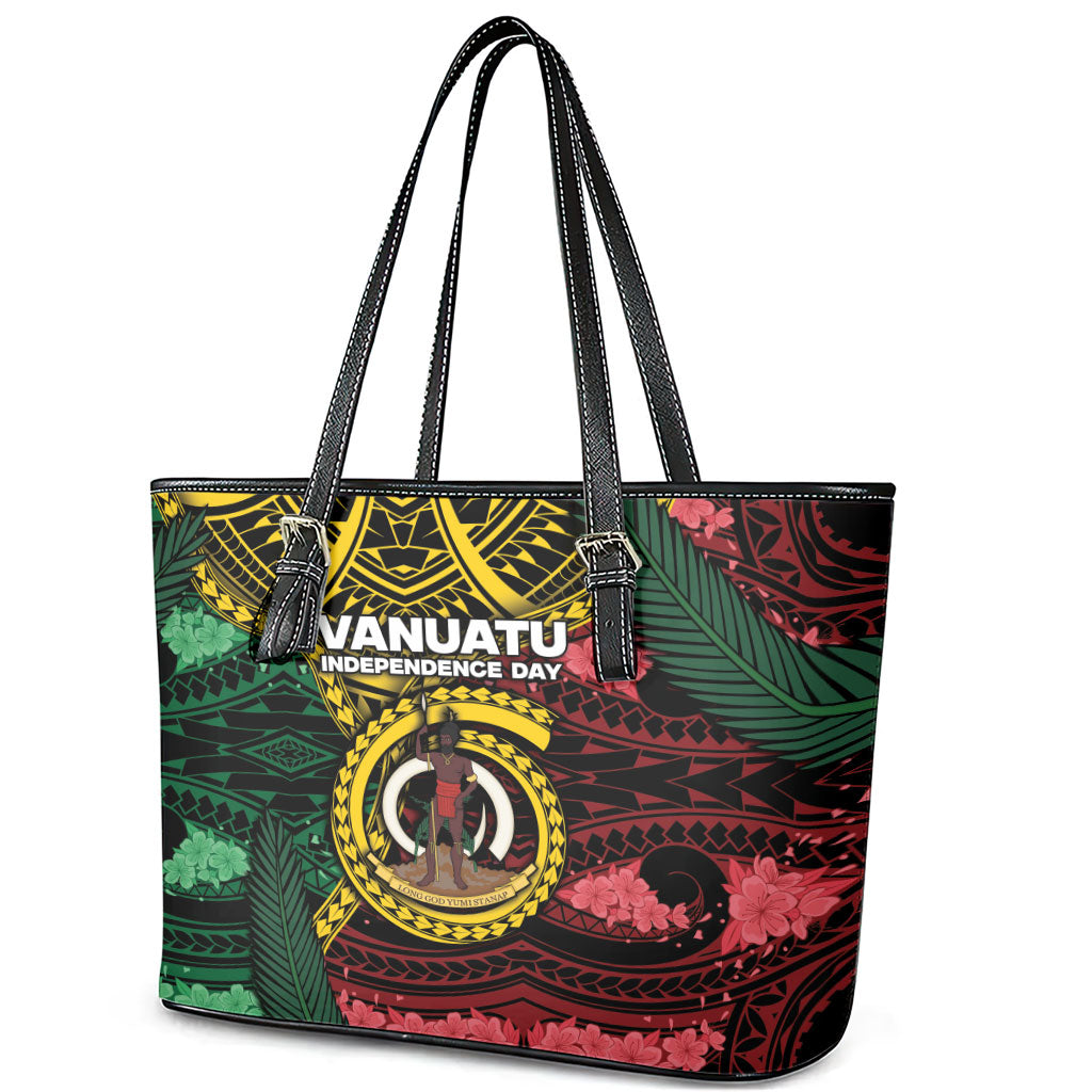 Vanuatu Independence Day Leather Tote Bag Boar Tusk Warrior Tribal Floral Patterns