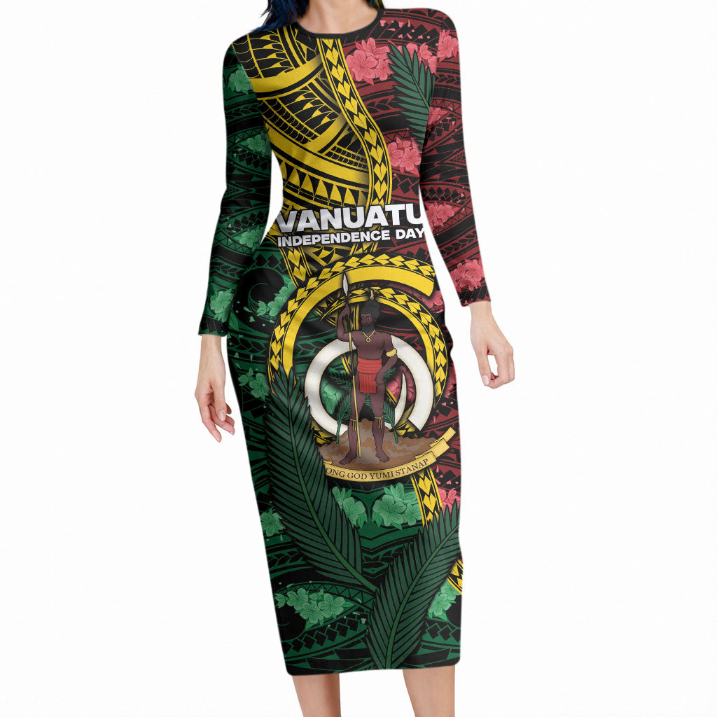 Personalised Vanuatu Independence Day Long Sleeve Bodycon Dress Boar Tusk Warrior Tribal Floral Patterns DT05 Long Dress Multicolor - Polynesian Pride