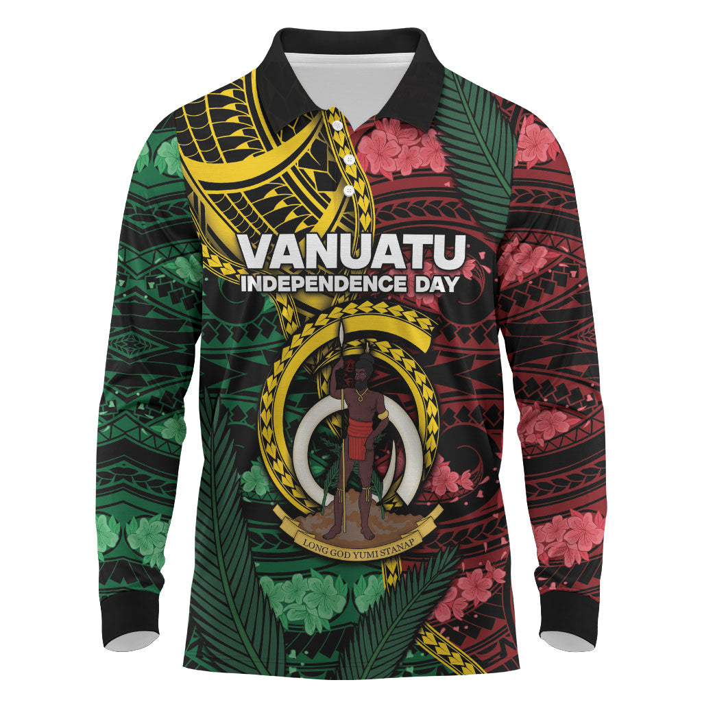 Personalised Vanuatu Independence Day Long Sleeve Polo Shirt Boar Tusk Warrior Tribal Floral Patterns DT05 Multicolor - Polynesian Pride
