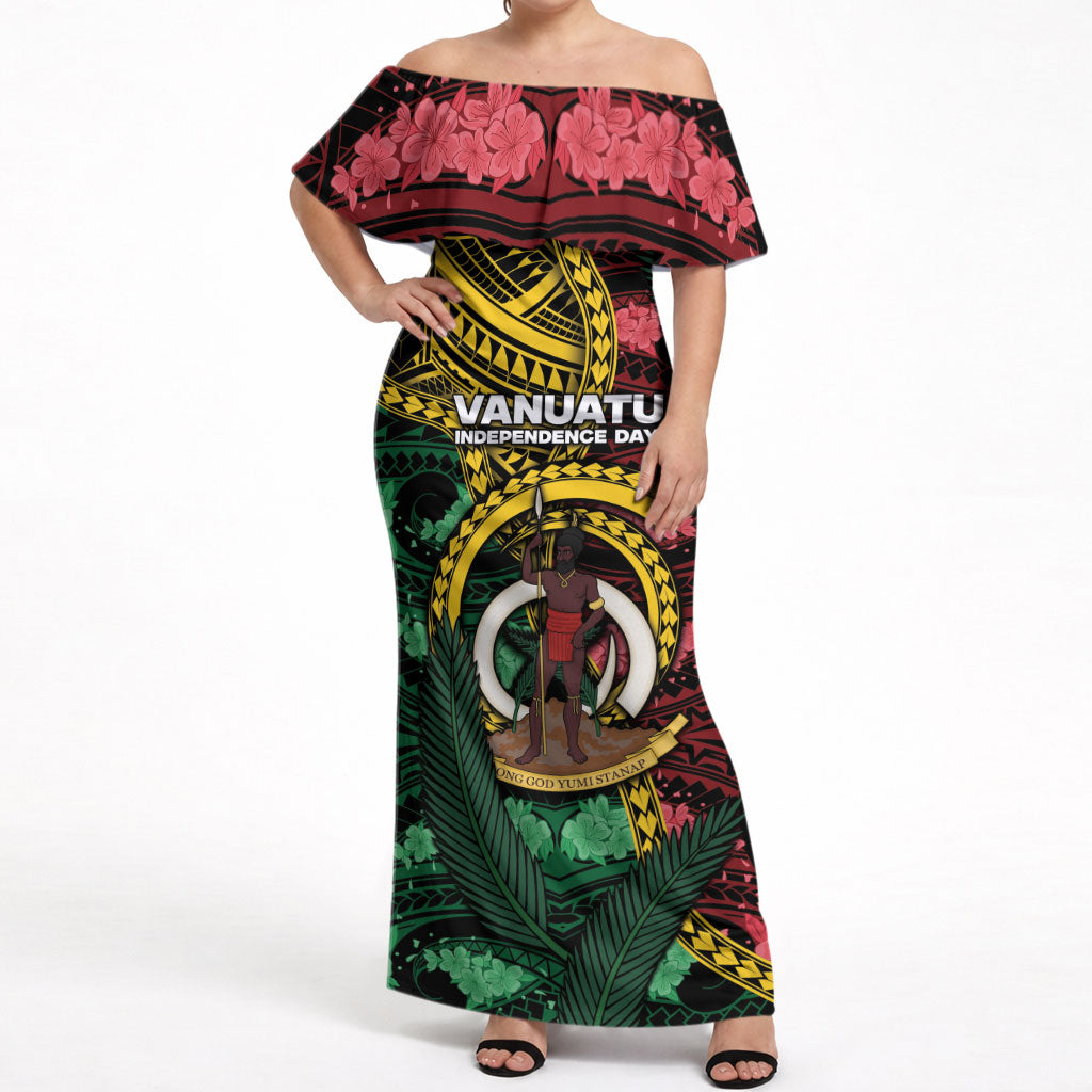 Personalised Vanuatu Independence Day Off Shoulder Maxi Dress Boar Tusk Warrior Tribal Floral Patterns DT05 Women Multicolor - Polynesian Pride
