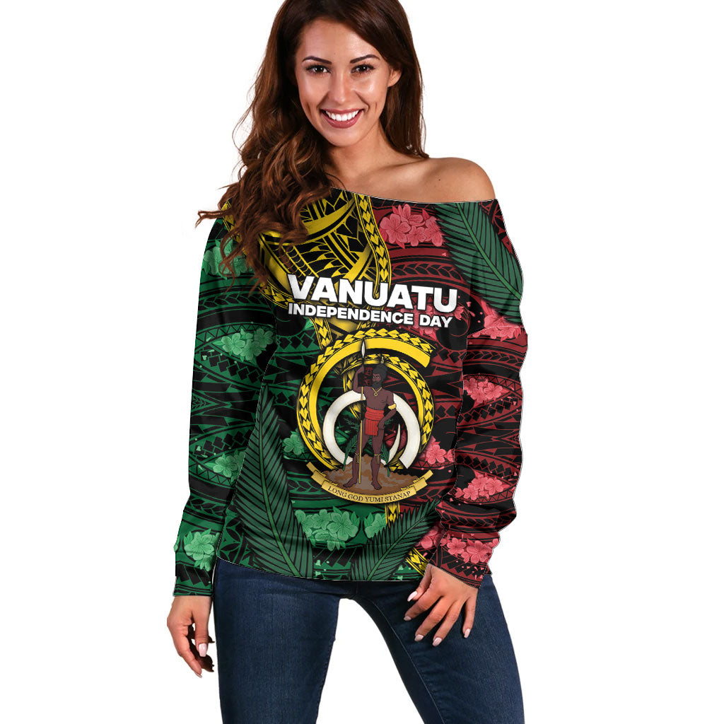 Personalised Vanuatu Independence Day Off Shoulder Sweater Boar Tusk Warrior Tribal Floral Patterns DT05 Women Multicolor - Polynesian Pride