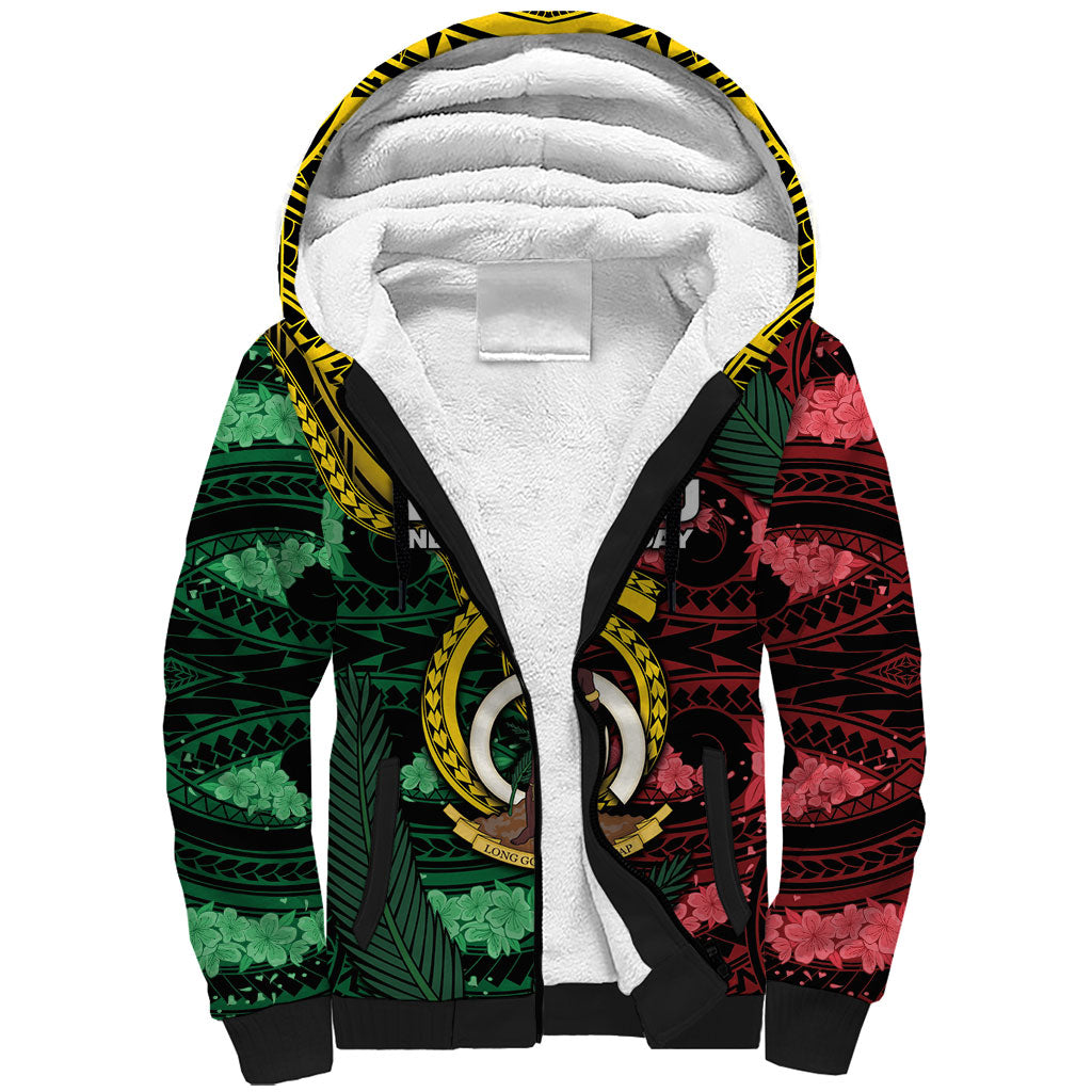 Personalised Vanuatu Independence Day Sherpa Hoodie Boar Tusk Warrior Tribal Floral Patterns DT05 Unisex Multicolor - Polynesian Pride
