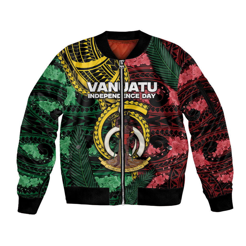 Personalised Vanuatu Independence Day Sleeve Zip Bomber Jacket Boar Tusk Warrior Tribal Floral Patterns DT05 Unisex Multicolor - Polynesian Pride