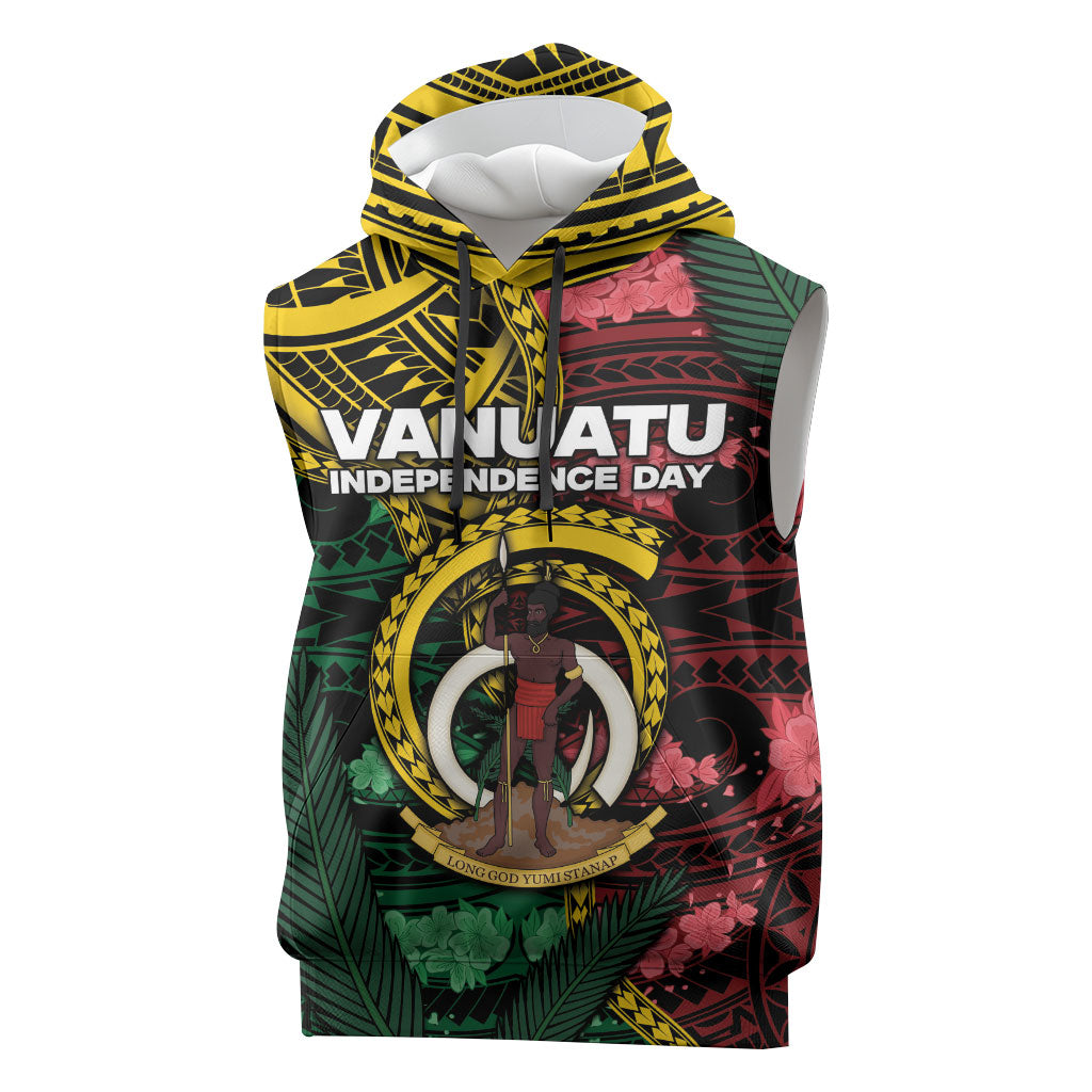 Personalised Vanuatu Independence Day Sleeveless Hoodie Boar Tusk Warrior Tribal Floral Patterns DT05 Multicolor - Polynesian Pride