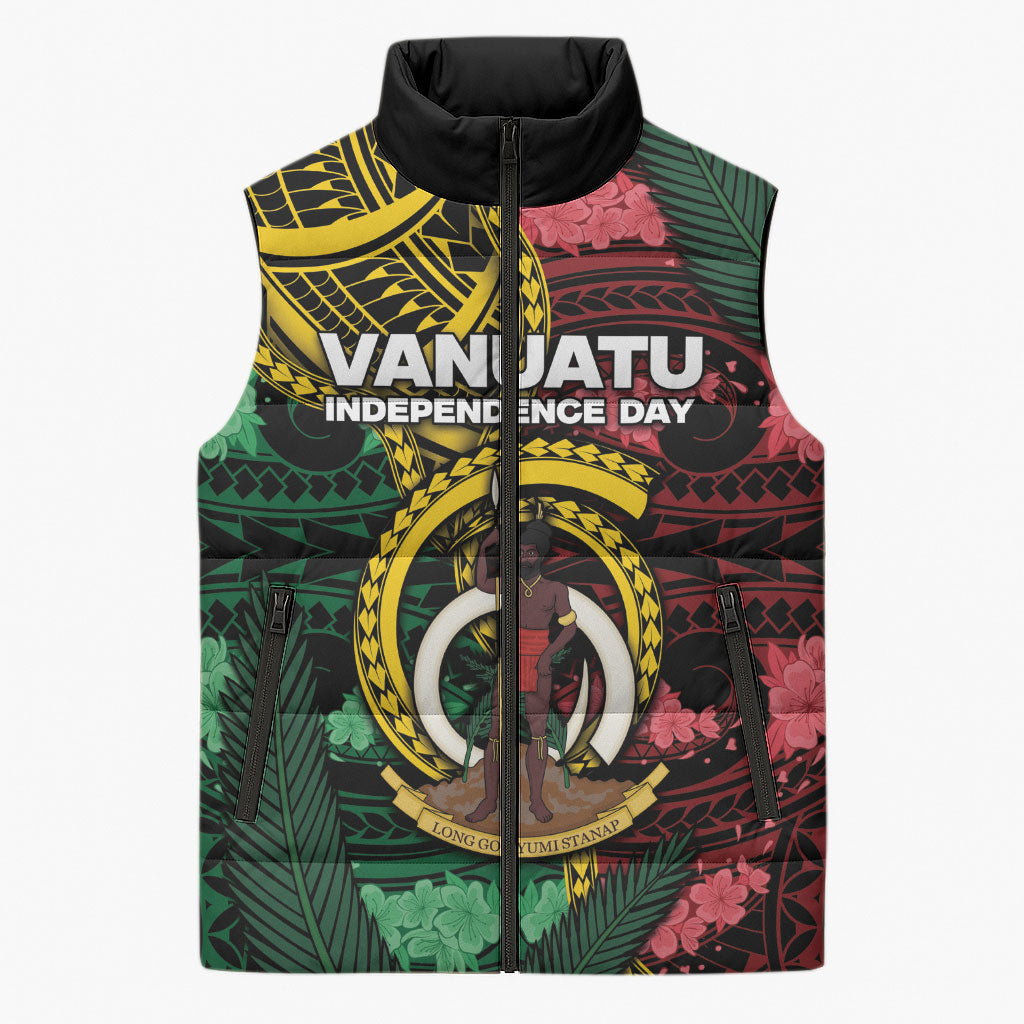 Personalised Vanuatu Independence Day Sleeveless Puffer Jacket Boar Tusk Warrior Tribal Floral Patterns DT05 Unisex Multicolor - Polynesian Pride