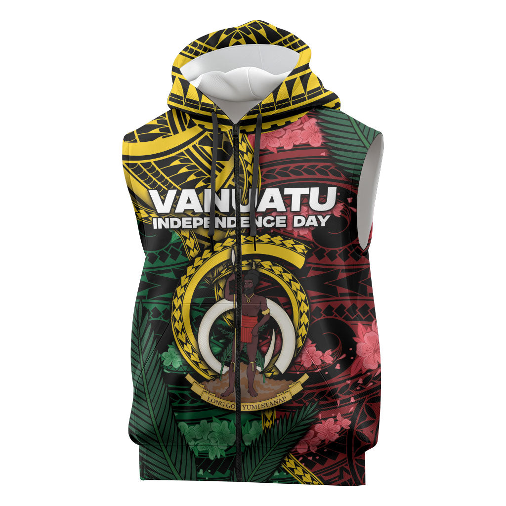 Personalised Vanuatu Independence Day Sleeveless Zip Hoodie Boar Tusk Warrior Tribal Floral Patterns DT05 Multicolor - Polynesian Pride