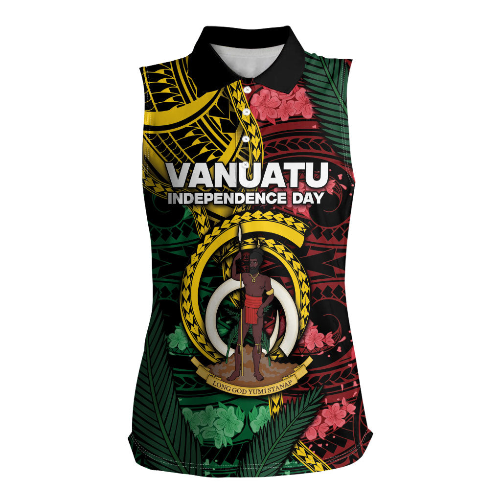 Personalised Vanuatu Independence Day Women Sleeveless Polo Shirt Boar Tusk Warrior Tribal Floral Patterns DT05 Female Multicolor - Polynesian Pride