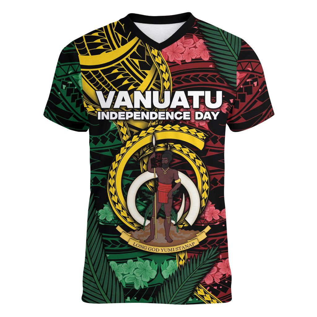 Personalised Vanuatu Independence Day Women V-Neck T-Shirt Boar Tusk Warrior Tribal Floral Patterns DT05 Female Multicolor - Polynesian Pride