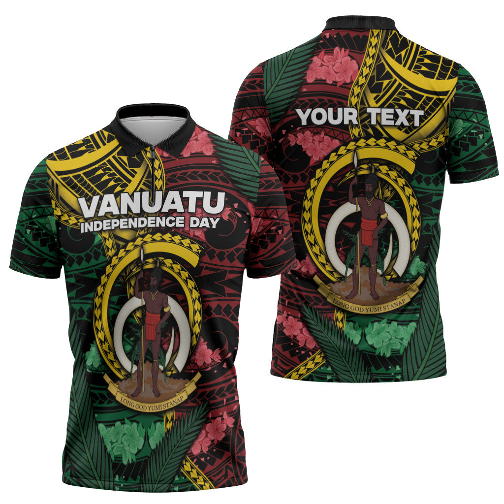 Personalised Vanuatu Independence Day Zipper Polo Shirt Boar Tusk Warrior Tribal Floral Patterns