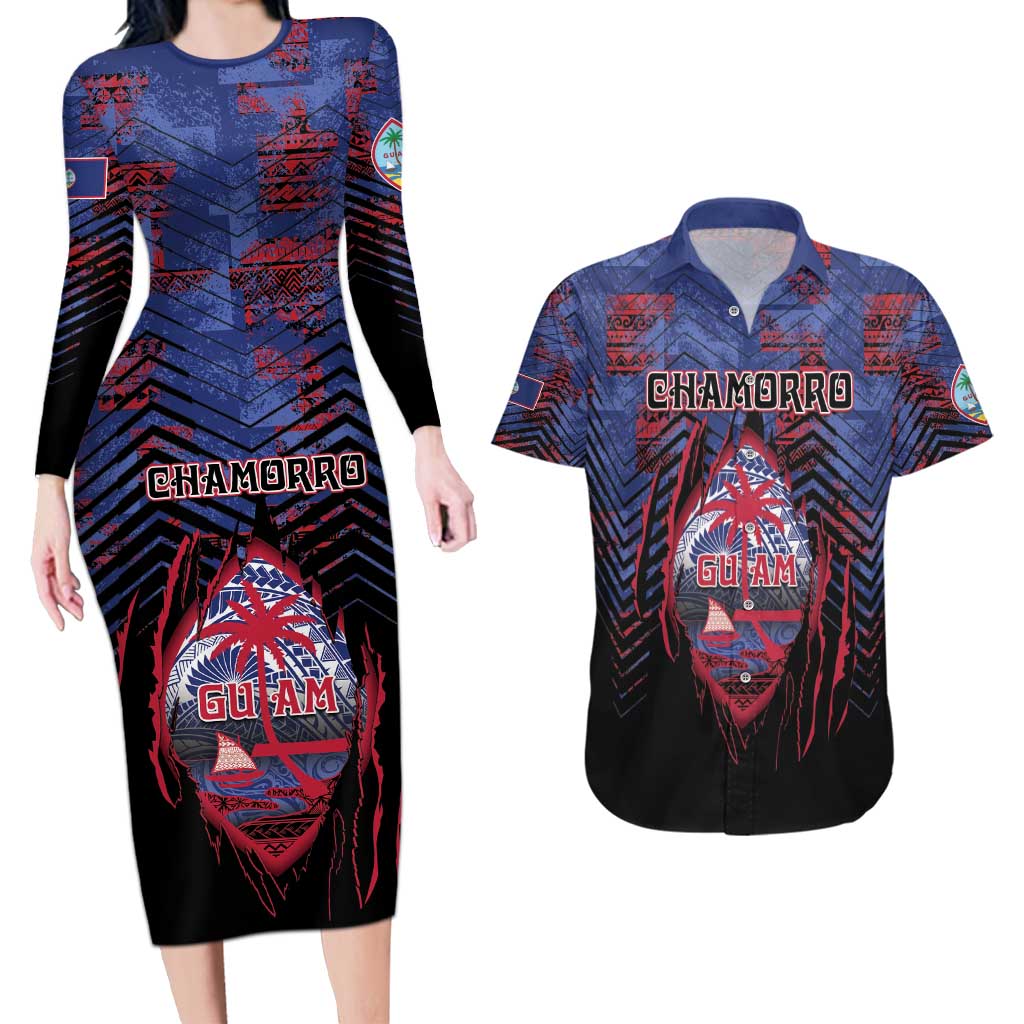 Personalised Guam Couples Matching Long Sleeve Bodycon Dress and Hawaiian Shirt Chamorro Seal Tribal Scratch Design DT05 Navy - Polynesian Pride