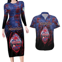 Personalised Guam Couples Matching Long Sleeve Bodycon Dress and Hawaiian Shirt Chamorro Seal Tribal Scratch Design DT05 Navy - Polynesian Pride