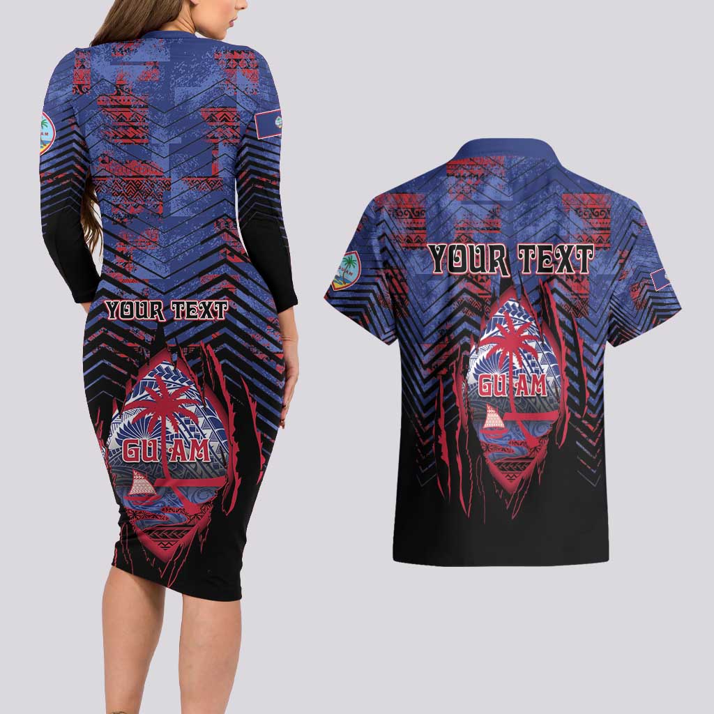 Personalised Guam Couples Matching Long Sleeve Bodycon Dress and Hawaiian Shirt Chamorro Seal Tribal Scratch Design DT05 - Polynesian Pride