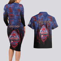 Personalised Guam Couples Matching Long Sleeve Bodycon Dress and Hawaiian Shirt Chamorro Seal Tribal Scratch Design DT05 - Polynesian Pride