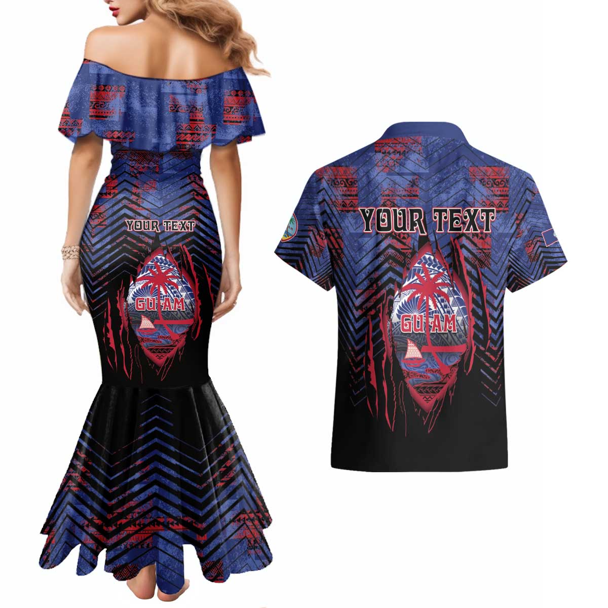 Personalised Guam Couples Matching Mermaid Dress and Hawaiian Shirt Chamorro Seal Tribal Scratch Design - Polynesian Pride