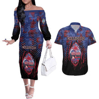 Personalised Guam Couples Matching Off The Shoulder Long Sleeve Dress and Hawaiian Shirt Chamorro Seal Tribal Scratch Design DT05 Navy - Polynesian Pride