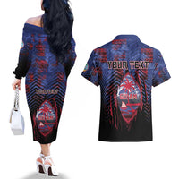 Personalised Guam Couples Matching Off The Shoulder Long Sleeve Dress and Hawaiian Shirt Chamorro Seal Tribal Scratch Design DT05 - Polynesian Pride