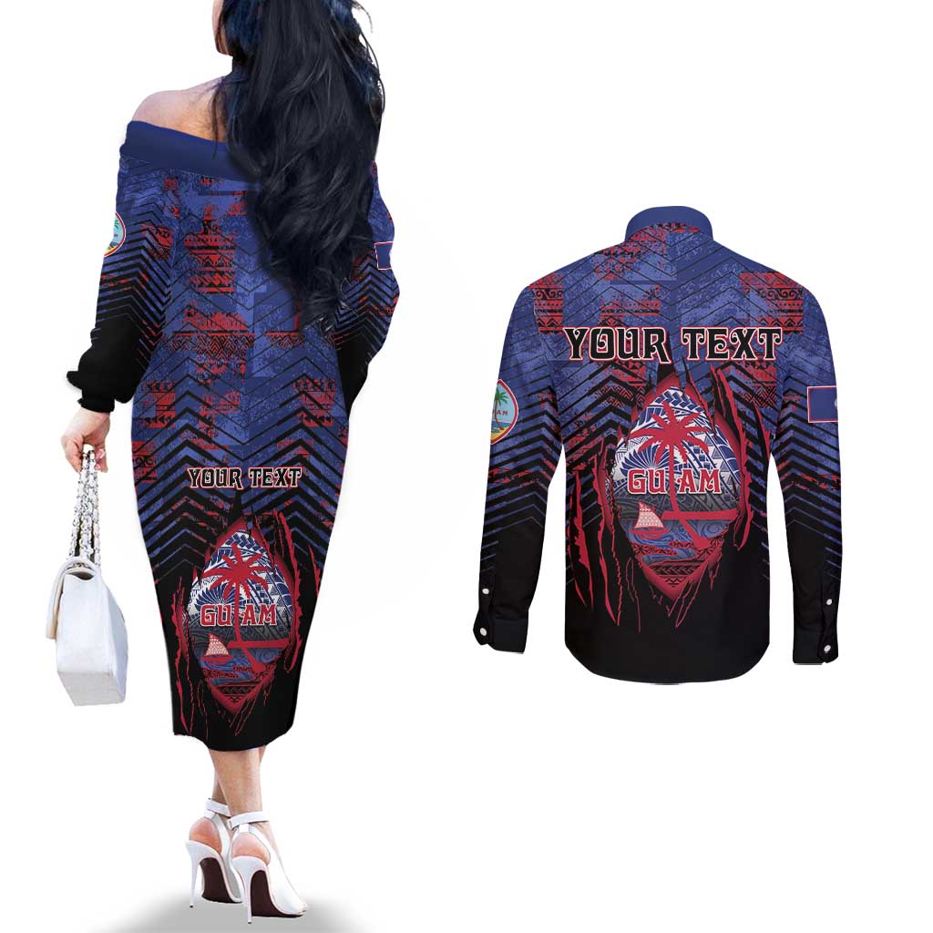 Personalised Guam Couples Matching Off The Shoulder Long Sleeve Dress and Long Sleeve Button Shirt Chamorro Seal Tribal Scratch Design - Polynesian Pride