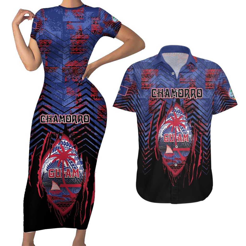 Personalised Guam Couples Matching Short Sleeve Bodycon Dress and Hawaiian Shirt Chamorro Seal Tribal Scratch Design DT05 Navy - Polynesian Pride