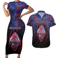 Personalised Guam Couples Matching Short Sleeve Bodycon Dress and Hawaiian Shirt Chamorro Seal Tribal Scratch Design DT05 Navy - Polynesian Pride