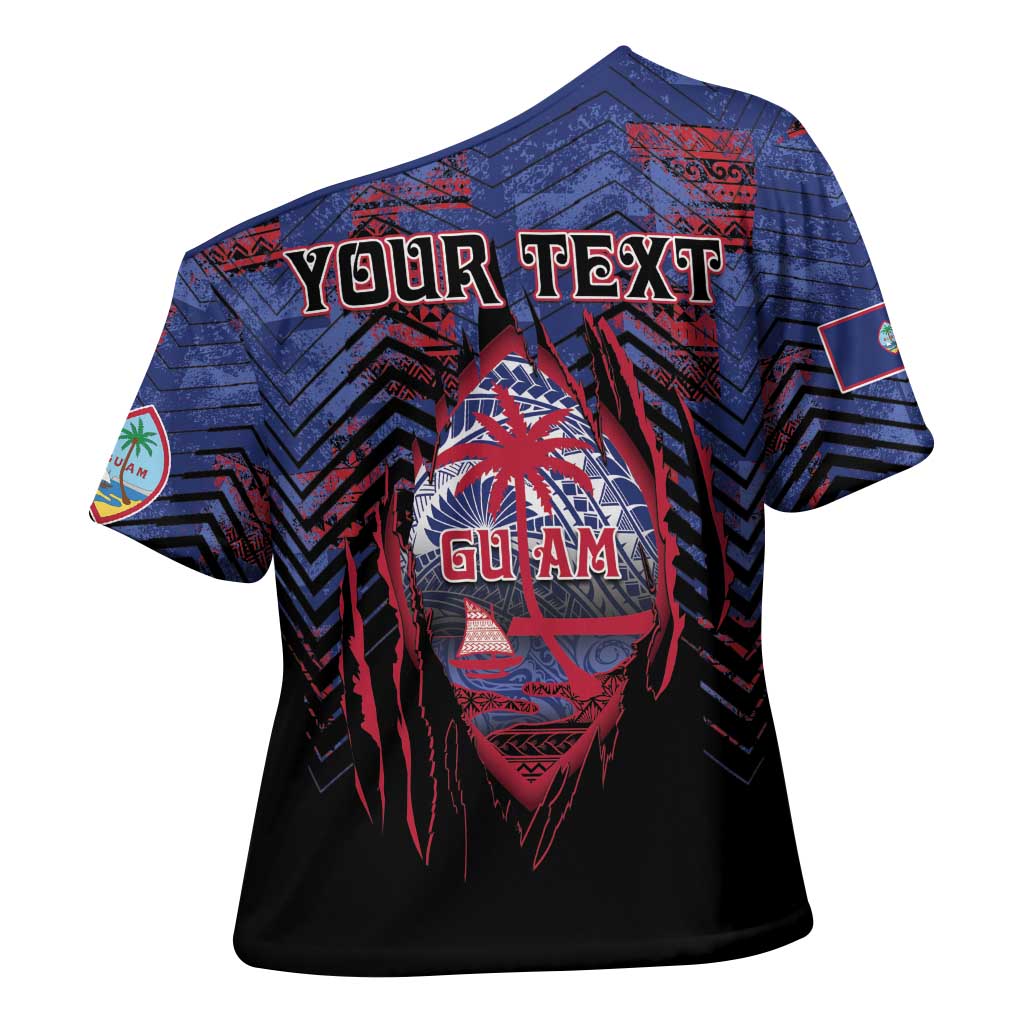 Personalised Guam Cross Shoulder Shirt Chamorro Seal Tribal Scratch Design - Polynesian Pride