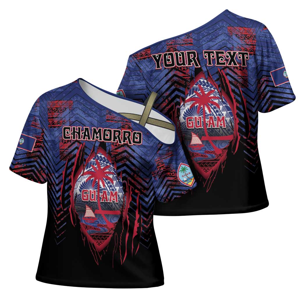 Personalised Guam Cross Shoulder Shirt Chamorro Seal Tribal Scratch Design - Polynesian Pride