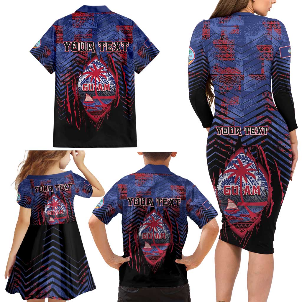 Personalised Guam Family Matching Long Sleeve Bodycon Dress and Hawaiian Shirt Chamorro Seal Tribal Scratch Design DT05 - Polynesian Pride