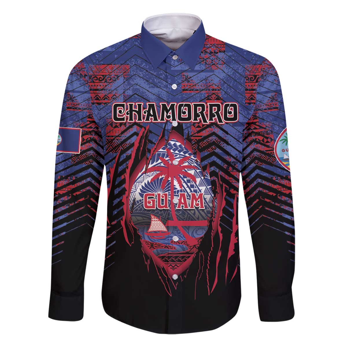 Personalised Guam Family Matching Off The Shoulder Long Sleeve Dress and Hawaiian Shirt Chamorro Seal Tribal Scratch Design DT05 Dad's Shirt - Long Sleeve Navy - Polynesian Pride