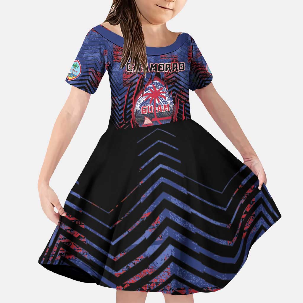 Personalised Guam Family Matching Off Shoulder Maxi Dress and Hawaiian Shirt Chamorro Seal Tribal Scratch Design DT05 Daughter's Dress Navy - Polynesian Pride