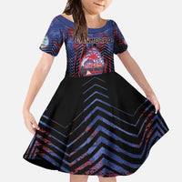 Personalised Guam Family Matching Off Shoulder Maxi Dress and Hawaiian Shirt Chamorro Seal Tribal Scratch Design DT05 Daughter's Dress Navy - Polynesian Pride
