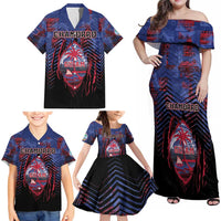Personalised Guam Family Matching Off Shoulder Maxi Dress and Hawaiian Shirt Chamorro Seal Tribal Scratch Design DT05 - Polynesian Pride